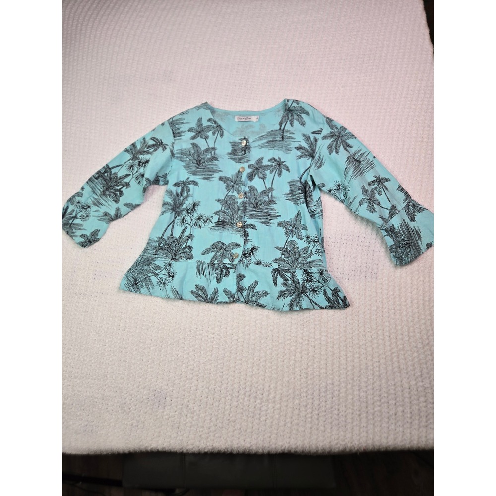 Liz and Jane Womens Turquoise Linen Palm Tree Peplum Button‎ Front Top S Coastal